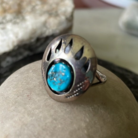 Turquoise Bear Paw Navajo Native American Vintage Ring - Picture 9 of 12